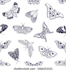 Seamless pattern with hand drawn butterflies and moths on white background. It can be used for fabric, surface textures, textile industry and others.