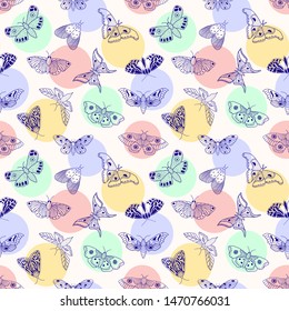 Seamless pattern with hand drawn butterflies and moths on pale background. It can be used for fabric, surface textures, textile industry and others.