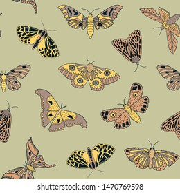 Seamless pattern with hand drawn butterflies and moths on pale background. It can be used for fabric, surface textures, textile industry and others.