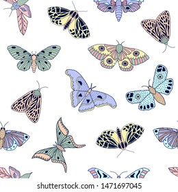 Seamless pattern with hand drawn butterflies and moths on white background. It can be used for fabric, surface textures, textile industry and others.