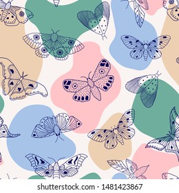 Seamless pattern with hand drawn butterflies and moths on sand background. It can be used for fabric, surface textures, textile industry and others.