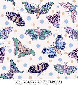 Seamless pattern with hand drawn butterflies and moths on light background. It can be used for fabric, surface textures, textile industry and others.