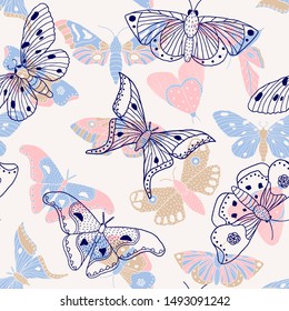 Seamless pattern with hand drawn butterflies and moths on light background. It can be used for fabric, surface textures, textile industry and others.