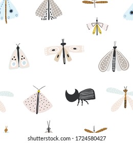 Seamless pattern with hand drawn butterflies, mothes and rhinoceros beetle. Creative for fabric, wrapping, textile, wallpaper, apparel. Vector illustration in pastel colors.