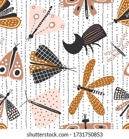 Seamless pattern with hand drawn butterflies, mothes and rhinoceros beetle. Creative for fabric, wrapping, textile, wallpaper, apparel. Vector illustration in brown colors.