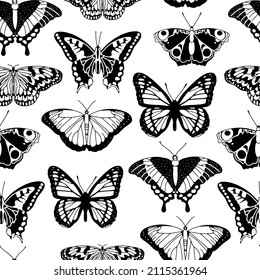Patrón sin brillo con mariposas dibujadas a mano. Insectos con diferentes alas en forma. Antecedentes naturales. Papel, decoración textil. Ilustración vectorial. 