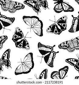 Seamless pattern with hand drawn butterflies. Insects with different shaped wings. Nature backgrounds. Paper, textile decor. Vector illustration. 