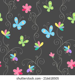 Seamless pattern with hand drawn butterflies, flowers and swirls on a dark background