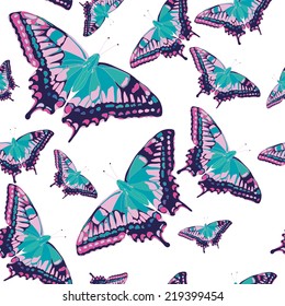Seamless pattern with hand drawn butterflies on white background. Clipping mask is used, vector illustration.