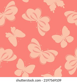 Seamless pattern with hand drawn butterflies silhouettes on pink background.