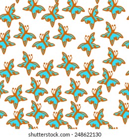 Seamless pattern with hand drawn butterflies on white background. Clipping mask is used, vector illustration.