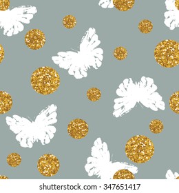 Seamless pattern with hand drawn butterflies and golden dots.