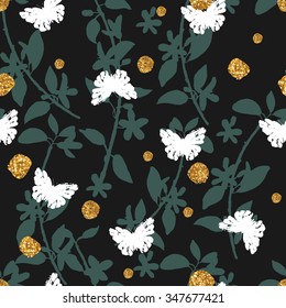 Seamless pattern with hand drawn butterflies and golden dots.