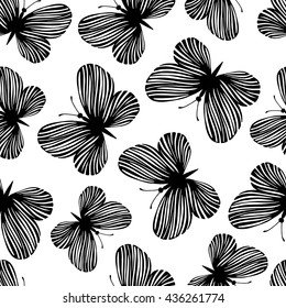 Seamless pattern with hand drawn butterflies. Black and white background.