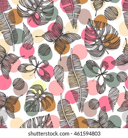 Seamless pattern with hand drawn butterflies and leaves. Tropical background.