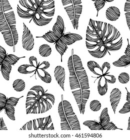 Seamless pattern with hand drawn butterflies and leaves. Tropical background.