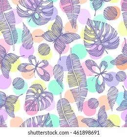 Seamless pattern with hand drawn butterflies and leaves. Tropical background.