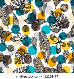 Seamless pattern with hand drawn butterflies and leaves. Tropical background.
