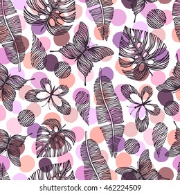 Seamless pattern with hand drawn butterflies and leaves. Tropical background.
