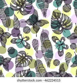 Seamless pattern with hand drawn butterflies and leaves. Tropical background.
