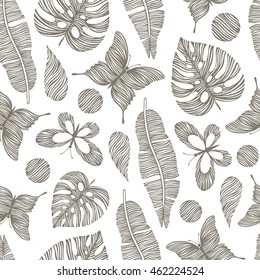 Seamless pattern with hand drawn butterflies and leaves. Tropical background.