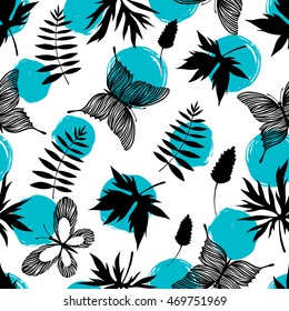 Seamless pattern with hand drawn butterflies and branches. Design artistic element for card, print, wallpaper.