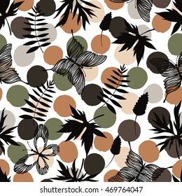 Seamless pattern with hand drawn butterflies and branches. Design artistic element for card, print, wallpaper.