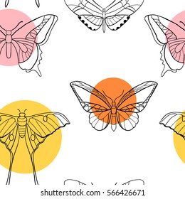 Seamless pattern with hand drawn butterflies and circles. Sketch style minimalistic illustration. Yellow, pink and orange shapes