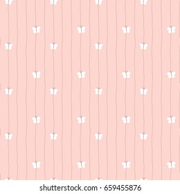 Seamless Pattern of Hand Drawn Butterflies and Line on Pastel Orange Background