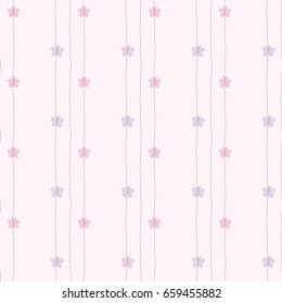 Seamless Pattern of Hand Drawn Butterflies and Lines on Light Pink Background