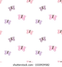 Seamless Pattern with Hand Drawn Butterfly on White Background