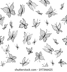 Seamless pattern hand drawn butterfly. Amazing black and white art background.