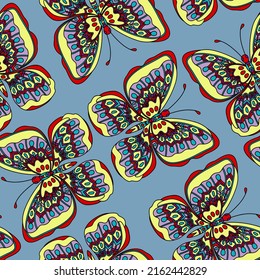 Seamless pattern with hand drawn   butterfly in zentangle style on blue background. Design for fabric, wallpaper, cover.