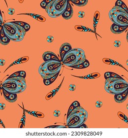 Nahtloses Muster mit handgezeichnet   Schmetterling im zentangle-Stil auf orangefarbenem Hintergrund.