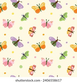 Seamless Pattern of Hand Drawn Butterfly Design on Light Yellow Background