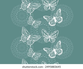 Seamless pattern with hand drawn butterfly on blue background. 
