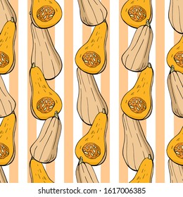 Seamless pattern with hand drawn butternut squash. Endless texture with vegetables on orange and white striped background for your design
