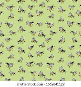 Seamless pattern with hand drawn by bees on a green background. Doodle, simple outline illustration. It can be used for decoration of textile, paper and other surfaces.