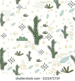 Seamless Pattern with Hand Drawn Cacti. Scandinavian Style. Vector Illustration
