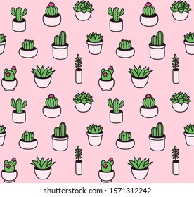 Seamless pattern of hand drawn cacti and succulents in cute little pots. Houseplant doodles in simple cartoon vector style.
