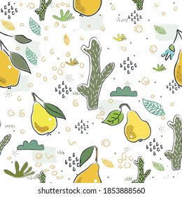 Seamless Pattern With Hand Drawn Cacti and Fruits(banana). Hand Drawn Scandinavian Style. Vector Illustration