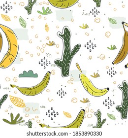 Seamless Pattern With Hand Drawn Cacti and Fruits(banana). Hand Drawn Scandinavian Style. Vector Illustration