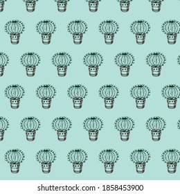 Seamless pattern of hand drawn cacti and succulents in cute pots on light background. Simple cartoon vector style.