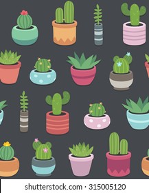 Seamless pattern of hand drawn cacti and succulents in cute pots on dark background. Simple cartoon vector style.