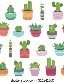 Seamless pattern of hand drawn cacti and succulents growing in cute little pots on white background. Simple cartoon vector style.