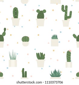Seamless pattern hand drawn cactus flower on white background.printing wallpaper.vector illustration