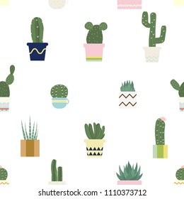 Seamless pattern hand drawn cactus flower on white background.printing wallpaper.vector illustration