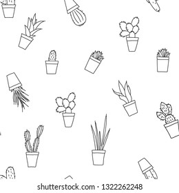 Seamless pattern with hand drawn cactus in a pot. Hand drawn ornament for wrapping paper. Outlines elements. Ink illustration. Collection of cacti.