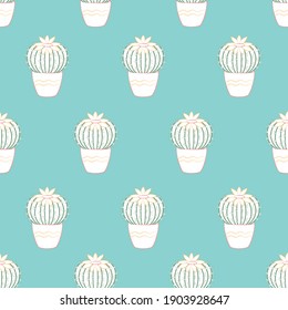 Seamless pattern with hand drawn cactus on pastel blue background. Vector illustration. Suitable for decorative textile, wrapping paper design, wallpaper. 