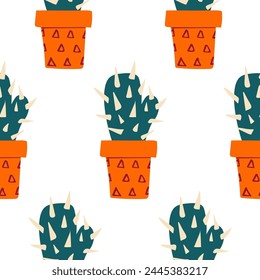 seamless pattern with hand drawn cactus flower in a vase. background, wrapping paper